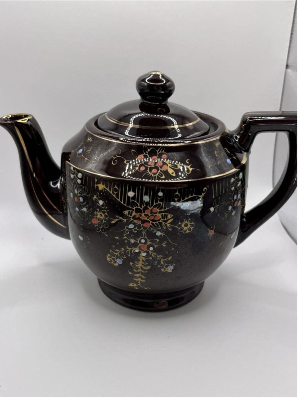 1940s Vintage Japanese Moriage 6”Teapot - Brown w/ Hand Painted Floral Design